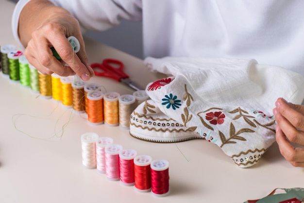 Colored thread embroidered garment dressmaker atelier sewing\
sewing clothes embroidering