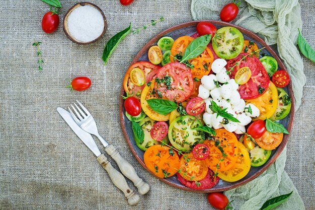 Colored tomato salad with cheese mozzarella and basil. Caprese salad. Vegan food. Top view