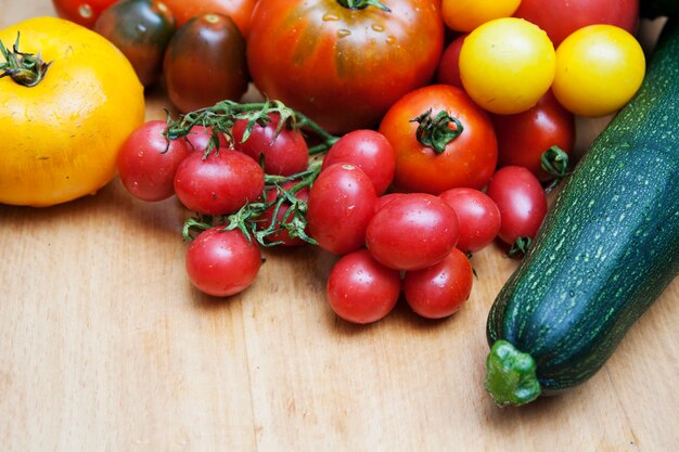 Colored tomatoes and zucchini