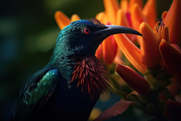 Цветная тропическая птица и красивые сюрреалистические цветы Генеративная ИИ иллюстрация