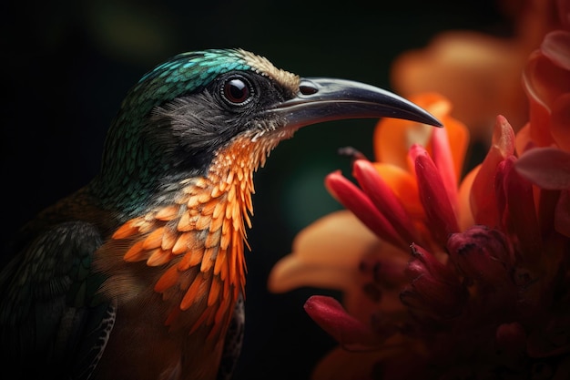 Colored tropical bird and beautiful surreal flowers Generative AI