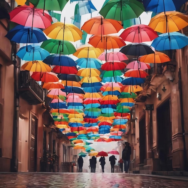 Colored umbrellas are hanging over city street