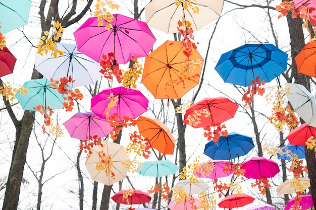 Colored umbrellas hang in the sky Rain protection