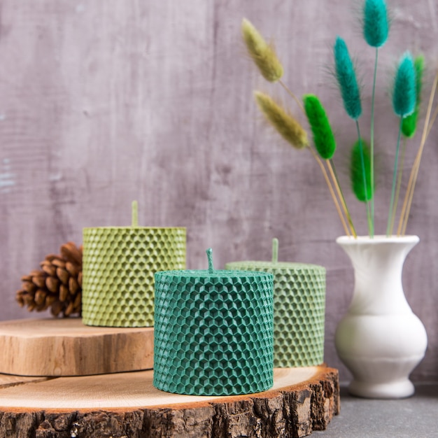 Colored, unusual handmade candles, an element of the interior.