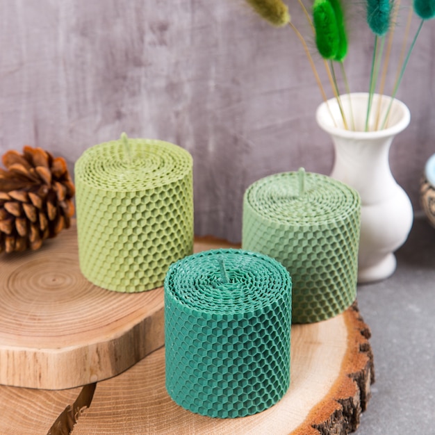 Colored, unusual handmade candles, an element of the interior.