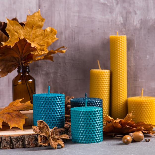 Colored, unusual handmade candles, an element of the interior.