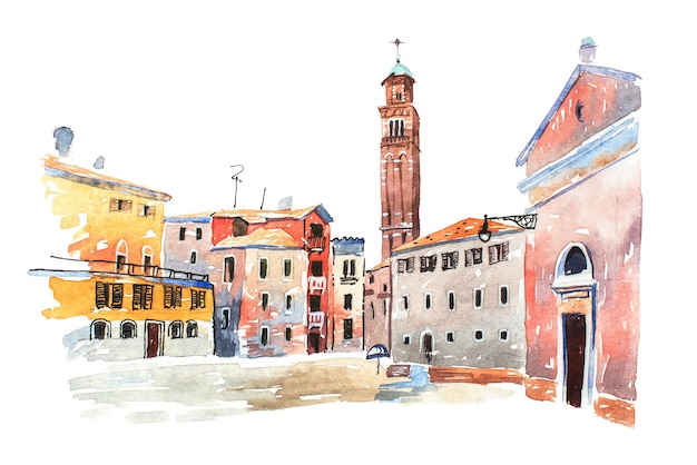 Colored watercolor sketch of old town in Europe drawn on white paper View Santa Maria dei Frari steeple in Venice Italy