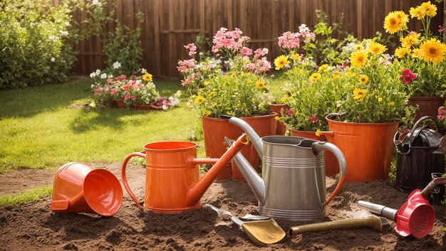 Colored watering can with flowers in the summer garden