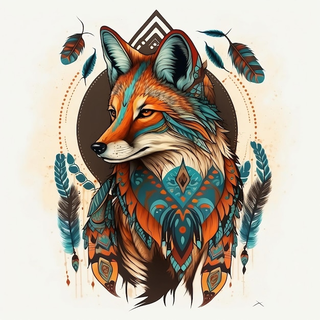 Photo colored wild red fox head graphic totem with indian pattern