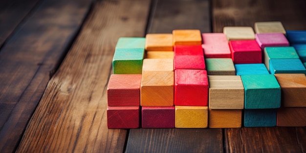 Colored wooden blocks aligned on an old rustic wooden table Wide format with plenty of copy space for cover header usage Yellow orange to red and purple colors