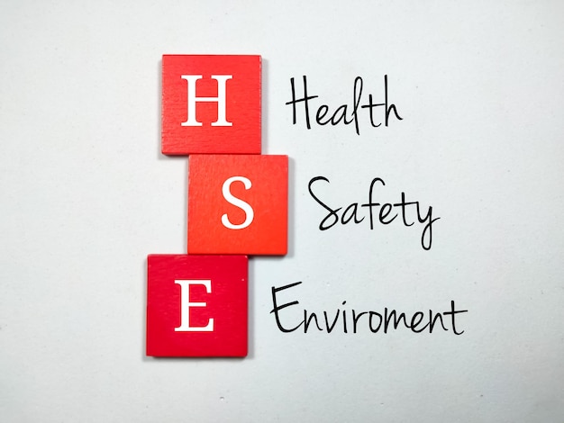 Colored wooden cubes with the letters HSE and the words Health Safety Enviroment