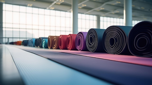 Colored yoga mats are rolled into a roll in an empty gym of a fitness center Brightly lit large room for sports and relaxation