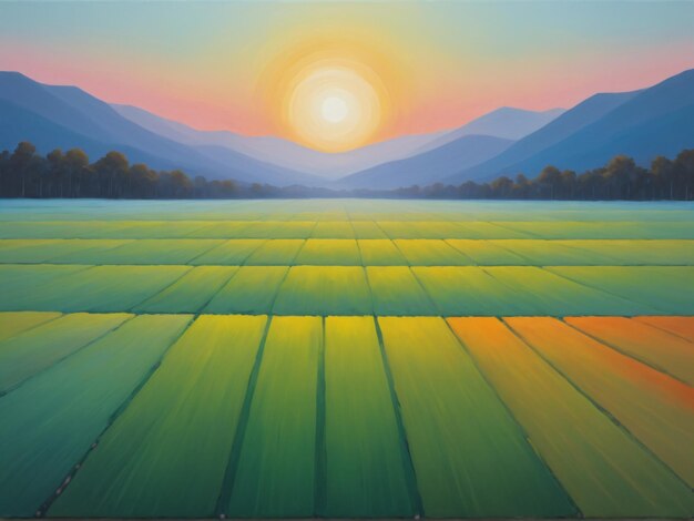 Colorfield painting rice fields sunset surrounded by mountains