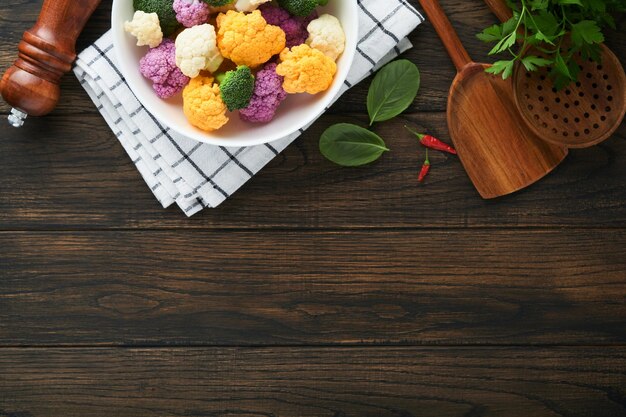Colorfu cauliflower Cauliflower cut into small pieces bowl on old wooden rustic background Purple yellow white green color cabbages Food cooking and agricultural harvest concept or background
