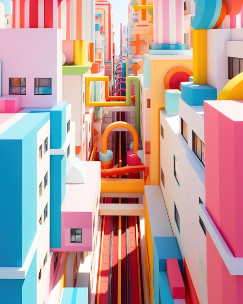 Foto un paesaggio urbano 3d colorato con forme e edifici geometrici