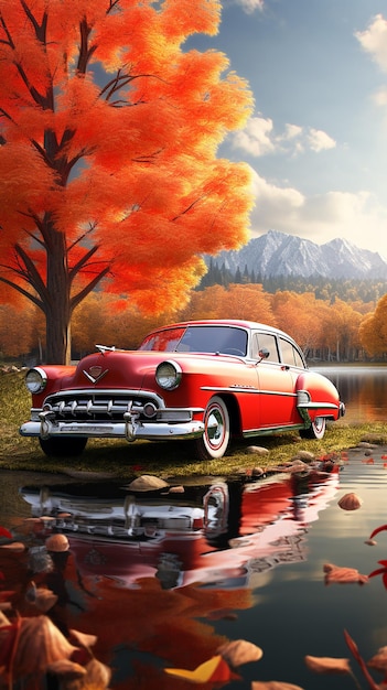 Colorful 3d classic car model view with natural scenery