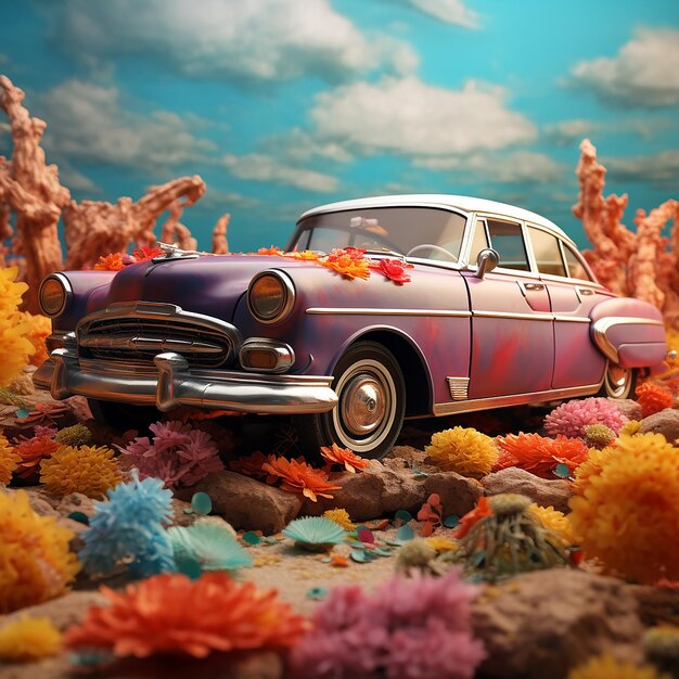 Foto colorata vista di modelli di auto classiche 3d con paesaggi naturali