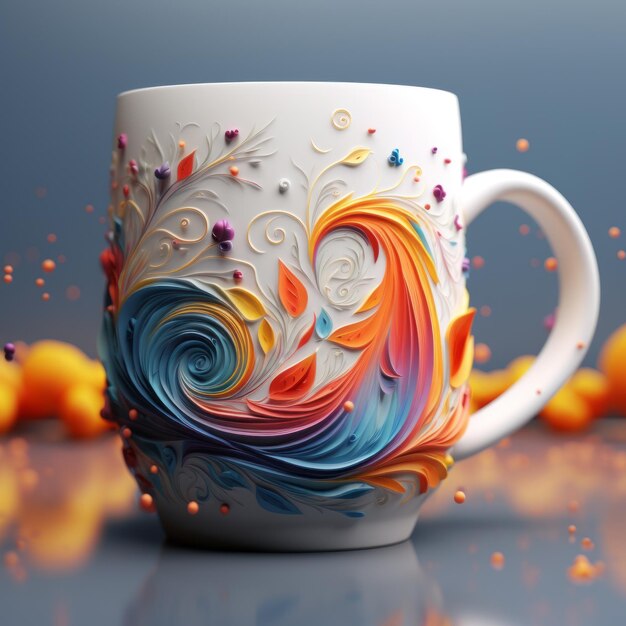 Foto una colorata tazza di caffè 3d con illustrazioni intricate e dettagli realistici