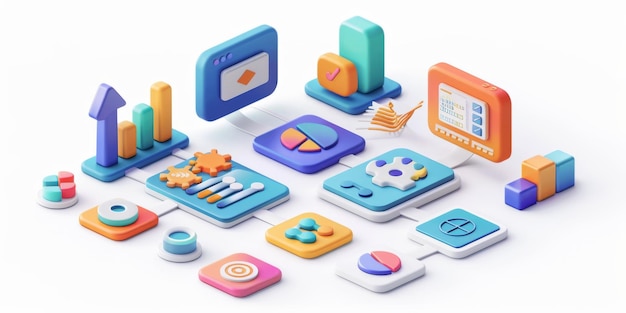 Colorful 3d digital marketing icons and graphs