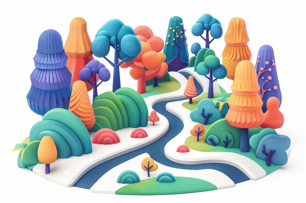 사진 다채로운 3d 평평한 마법의 숲 트레일 런