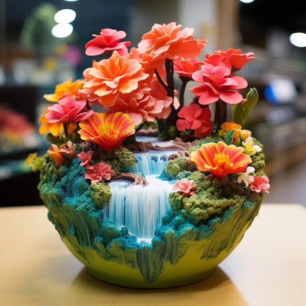 Colorful 3d flower pot model display with natural scenery