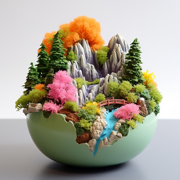 Photo colorful 3d flower pot model display with natural scenery