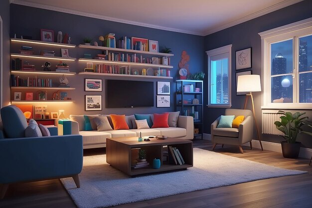 Colorful 3D gaming room with PC TV books and more