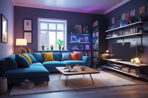 Colorful 3D gaming room with PC TV books and more