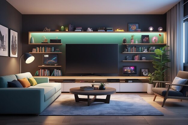 Colorful 3D gaming room with PC TV books and more