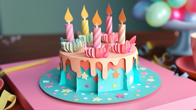 분홍색 접시에 불이 있는 생일 케이크의 다채로운 3D 일러스트레이션