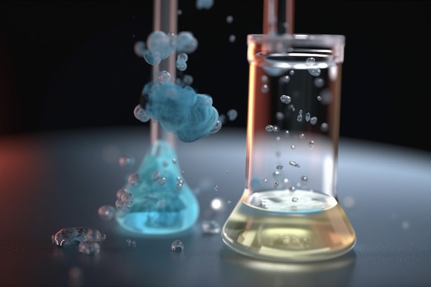 Foto colorata illustrazione 3d del processo chimico di neutralizzazione acidbase in una beuta erlenmeyer