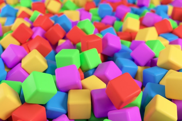 Colorful 3D illustration from a pile of abstract multicolored cubes