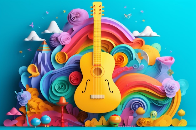 Photo a colorful 3d illustration of a guitar with a rainbow background