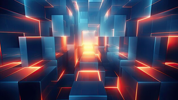 a colorful 3d illustration of a maze of cubes with the sun shining through them.