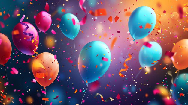 Colorful 3D illustration of a party with balloons and confetti The background is a gradient of purple blue and pink