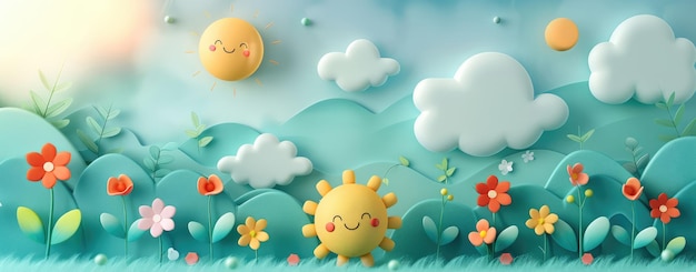 Foto illustrazione 3d colorata di un capriccioso paesaggio primaverile con colline ondulate, fiori e nuvole gonfie