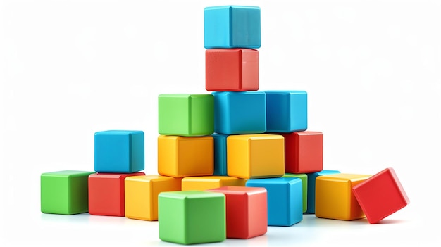 Photo colorful 3d rendered wooden toy blocks stacked up on a white background