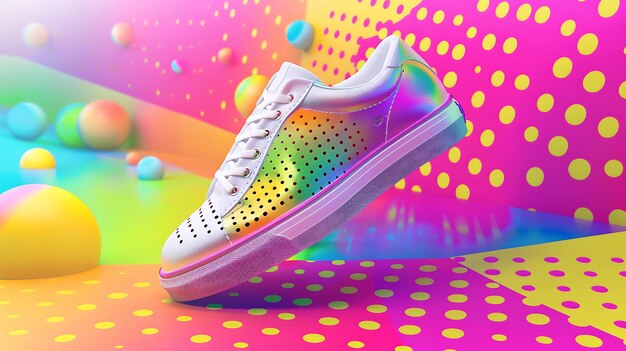 A colorful 3D rendering of a sneaker The sneaker is white with a rainbow iridescent sheen and a perforated upper