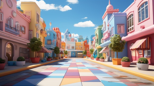 Foto un colorato rendering 3d di una strada con edifici non abbinati e un cielo blu