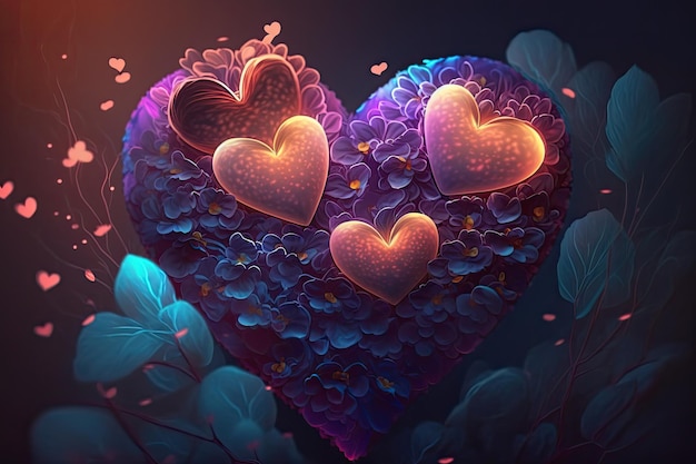 Colorful 3d Valentine Hearts with Flowers Elements and Bokeh Effect