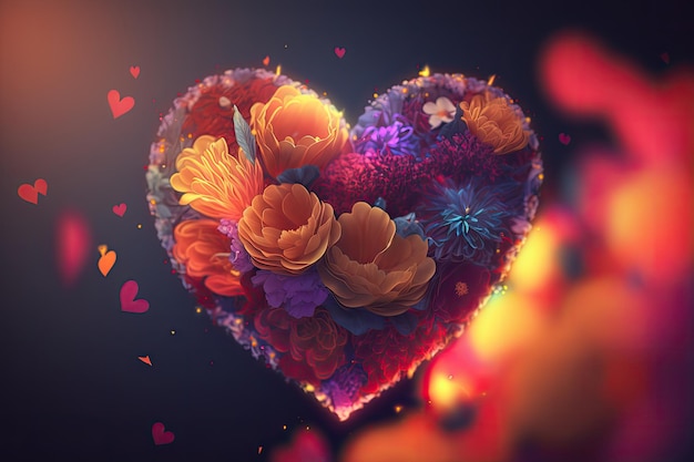 Красочные 3d сердца Валентина с элементами цветов и эффект боке