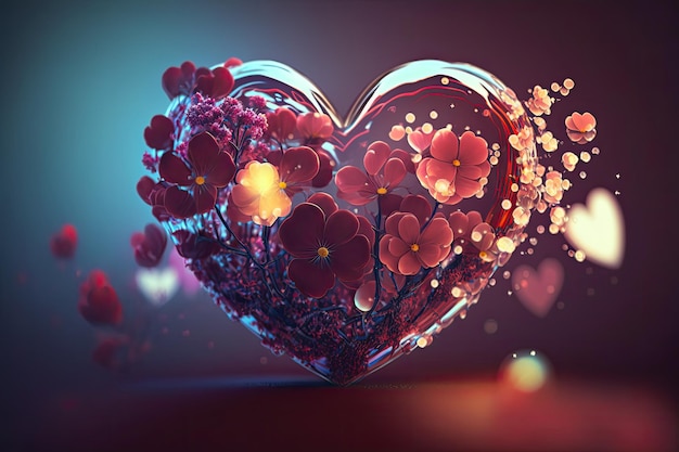 Colorful 3d Valentine Hearts with Flowers Elements and Bokeh Effect