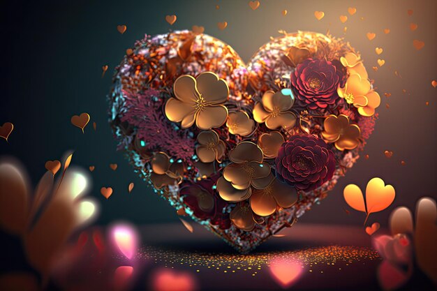 Colorful 3d Valentine Hearts with Flowers Elements and Bokeh Effect