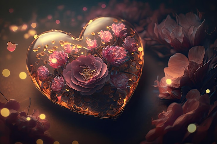 Photo colorful 3d valentine hearts with flowers elements and bokeh effect