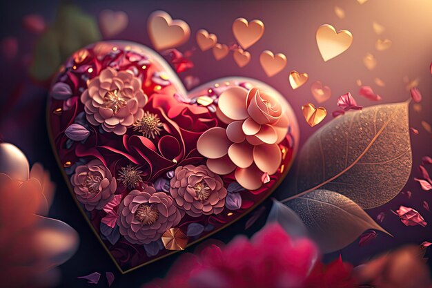 Colorful 3d Valentine Hearts with Flowers Elements and Bokeh Effect