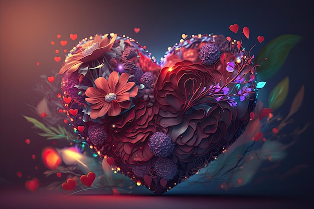 Colorful 3d Valentine Hearts with Flowers Elements and Bokeh Effect