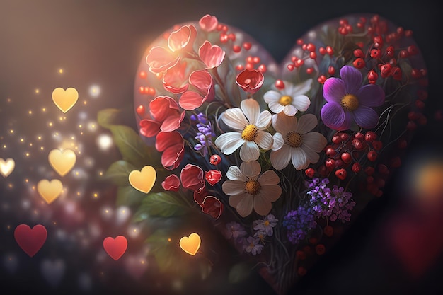 Foto cuori di san valentino 3d colorati con elementi di fiori ed effetto bokeh