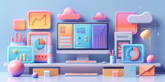 Colorful 3d workspace concept with digital elements