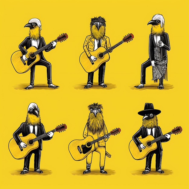 사진 음악가 의복 을 입은 다채로운 카나리 새 가 기타 를 들고 동물 우표 컬렉션 아이디어 를 착용 한다