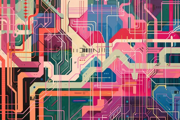 colorful abstract background filled with intersecting lines creating a complex pattern a series of complex circuit diagrams interwoven with colorful patterns